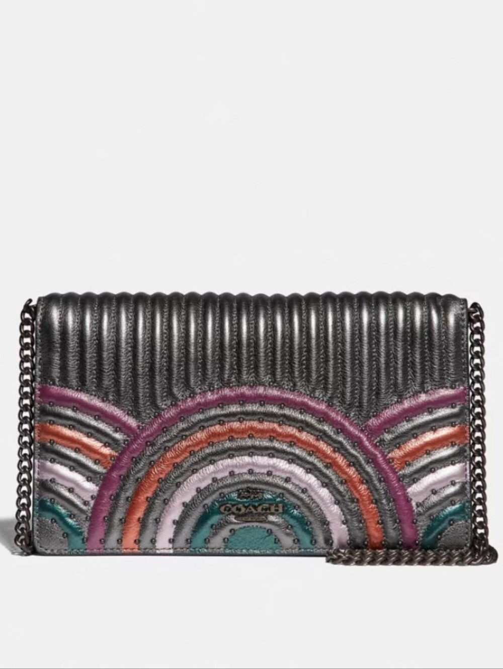 Coach Callie Foldover Colorblock Deco Quilted Chain Clutch In Metalic Graphite